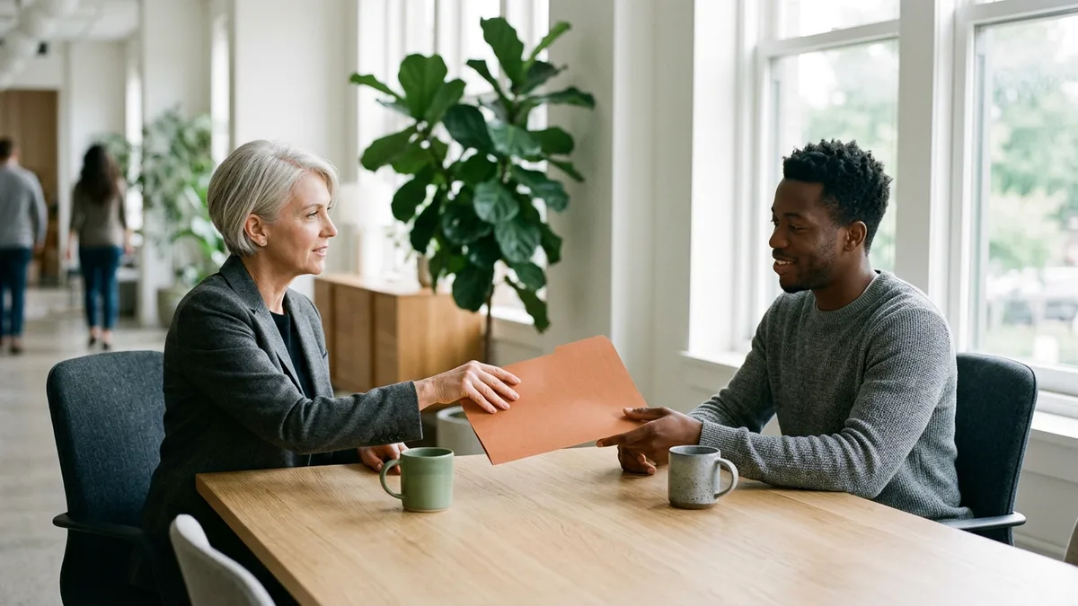Silver-haired leader in a charcoal blazer sliding a burnt orange folder across a light oak table to a smiling colleague in a gray sweater, two mugs on the table and tall windows behind them