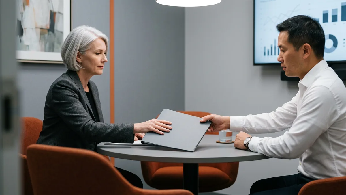 Finance executive handing a closed gray folder across a meeting table to a colleague, assigning ownership of an AI pilot