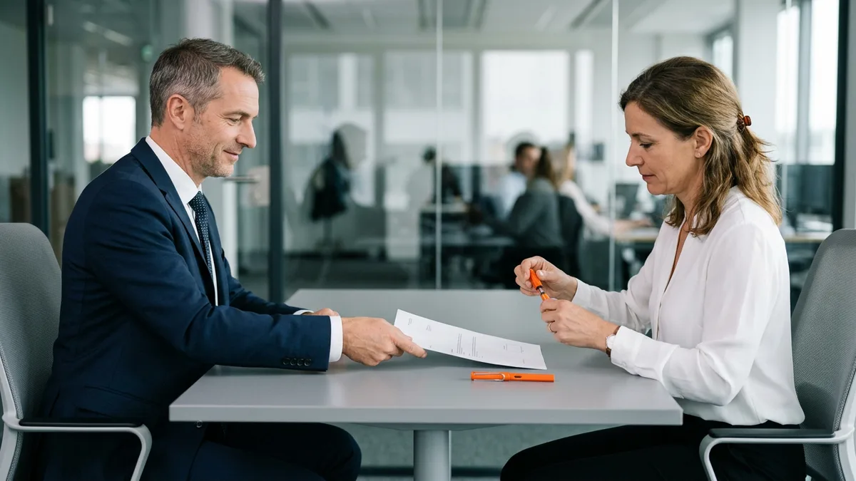 Man in a navy suit sliding a single printed page across a gray table to a woman uncapping an orange pen
