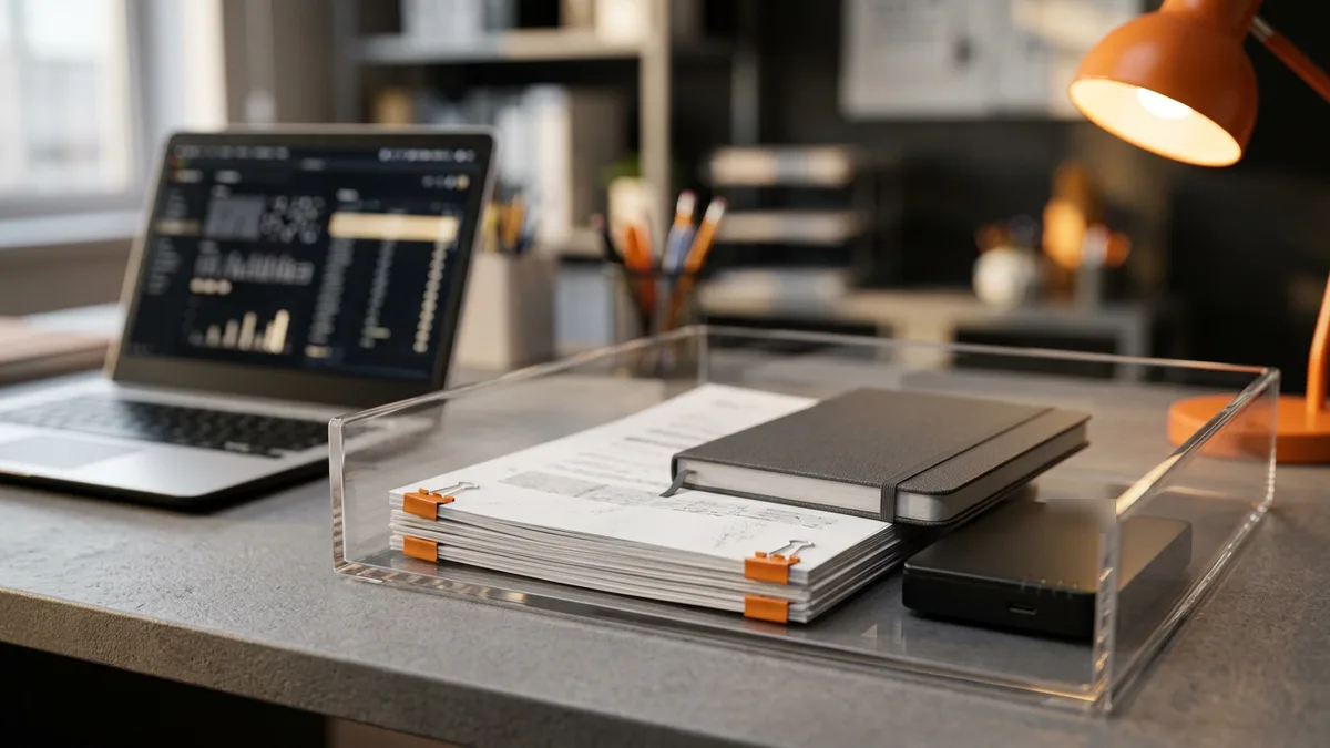 Clear desk tray holding clipped hand-checked documents, a notebook and an external hard drive saved from a stopped AI pilot