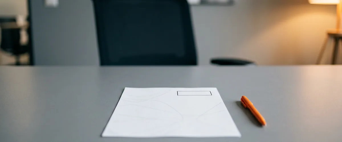 Single sheet of paper with an empty signature box on a gray desk beside an orange pen, empty office chair behind