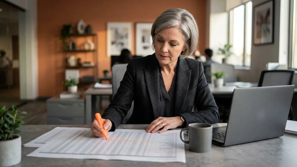 Finance executive with gray hair highlighting a single row of a printed budget report in orange at her desk