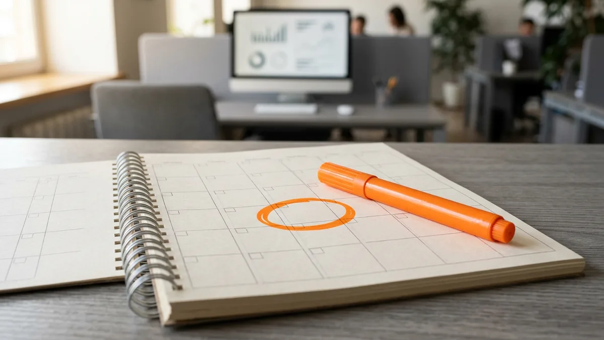 Open spiral desk planner on a gray desk with one empty grid square circled in orange marker and the marker beside it