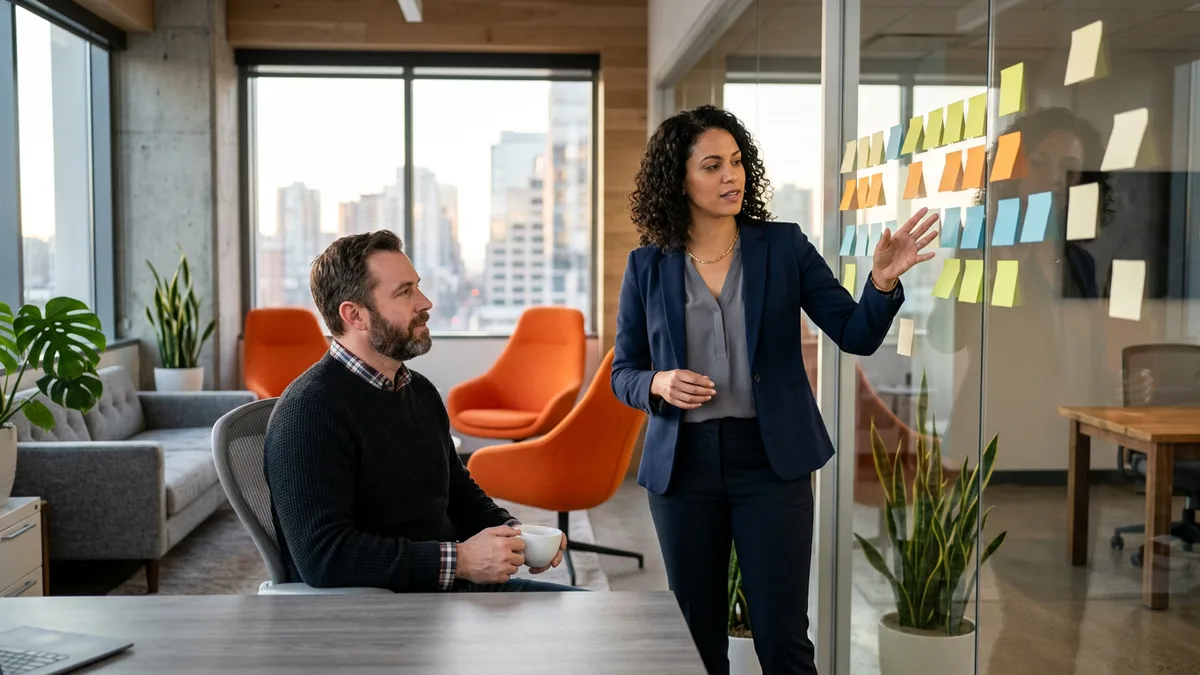 A project manager walking a seated contract engineer through a sticky-note timeline on a glass wall