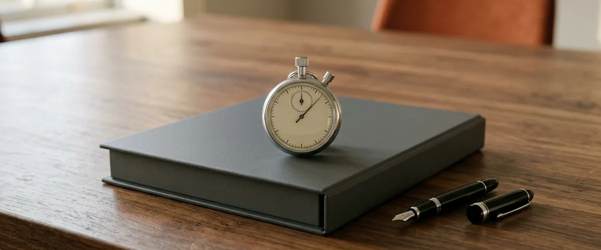 A closed grey binder on a walnut boardroom table with a silver stopwatch resting on top and a black fountain pen beside it