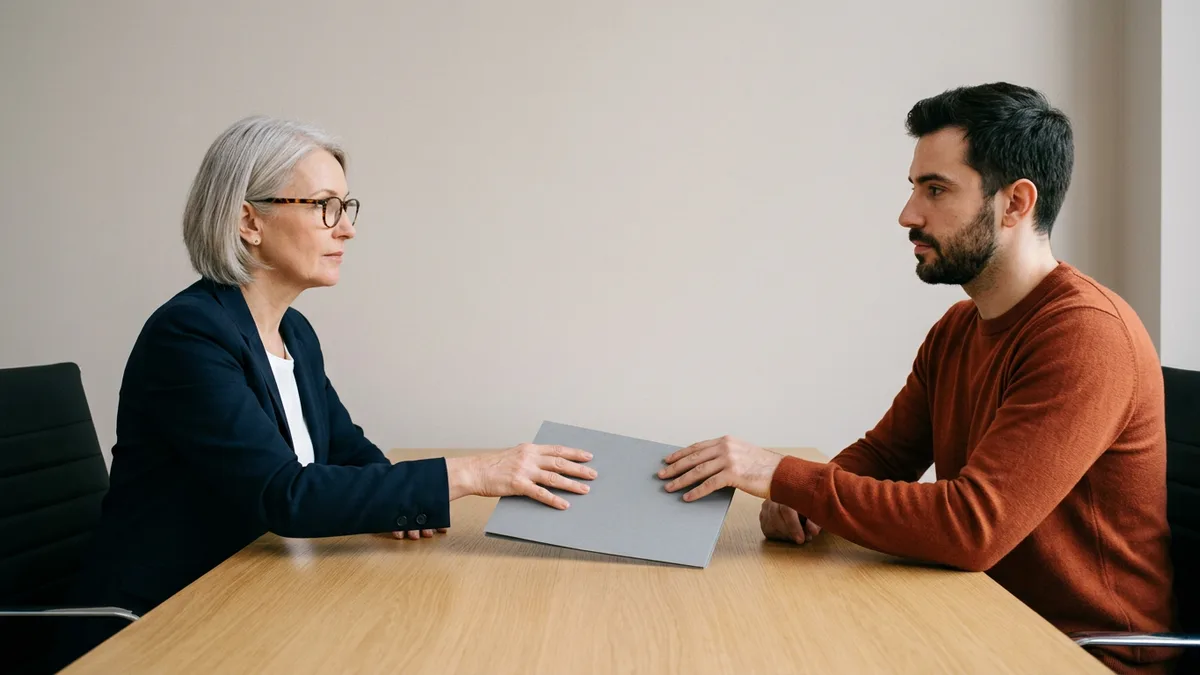 A woman with silver hair and tortoiseshell glasses sliding a grey folder across an oak desk to a younger colleague in a burnt orange sweater