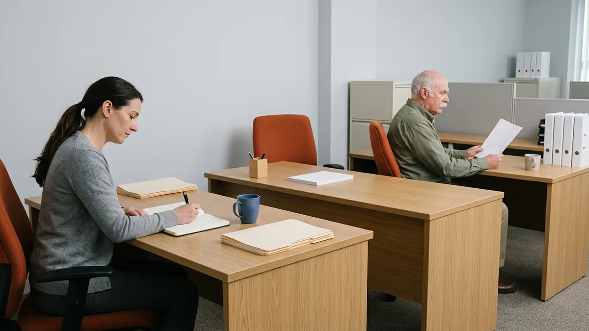 Two colleagues working at oak desks in a quiet office, with the empty middle desk and its orange chair pushed neatly in
