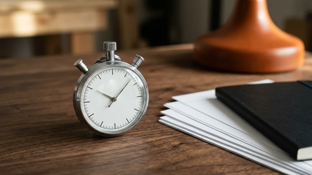 A silver stopwatch on a walnut desk beside a stack of blank paper and a closed black notebook, an orange lamp base out of focus behind