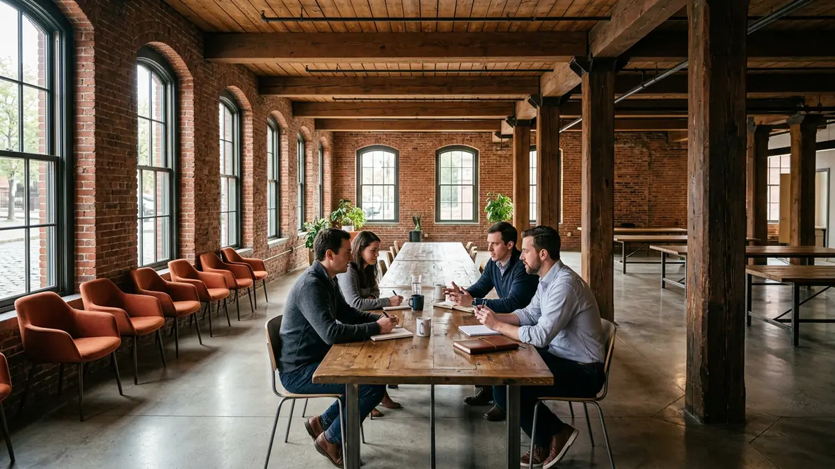 Engineers working at long wooden tables inside a converted red-brick tobacco warehouse office with heavy timber beams in Durham