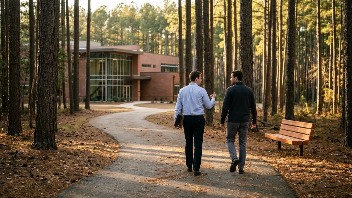 Two engineers walking a path through tall pines toward a glass and brick research office building in the Research Triangle near Raleigh