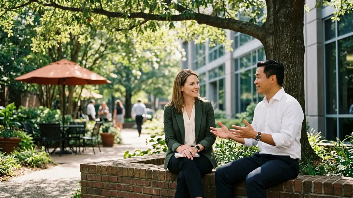 Two colleagues talking on a low brick wall under a large oak tree in a downtown Raleigh office courtyard