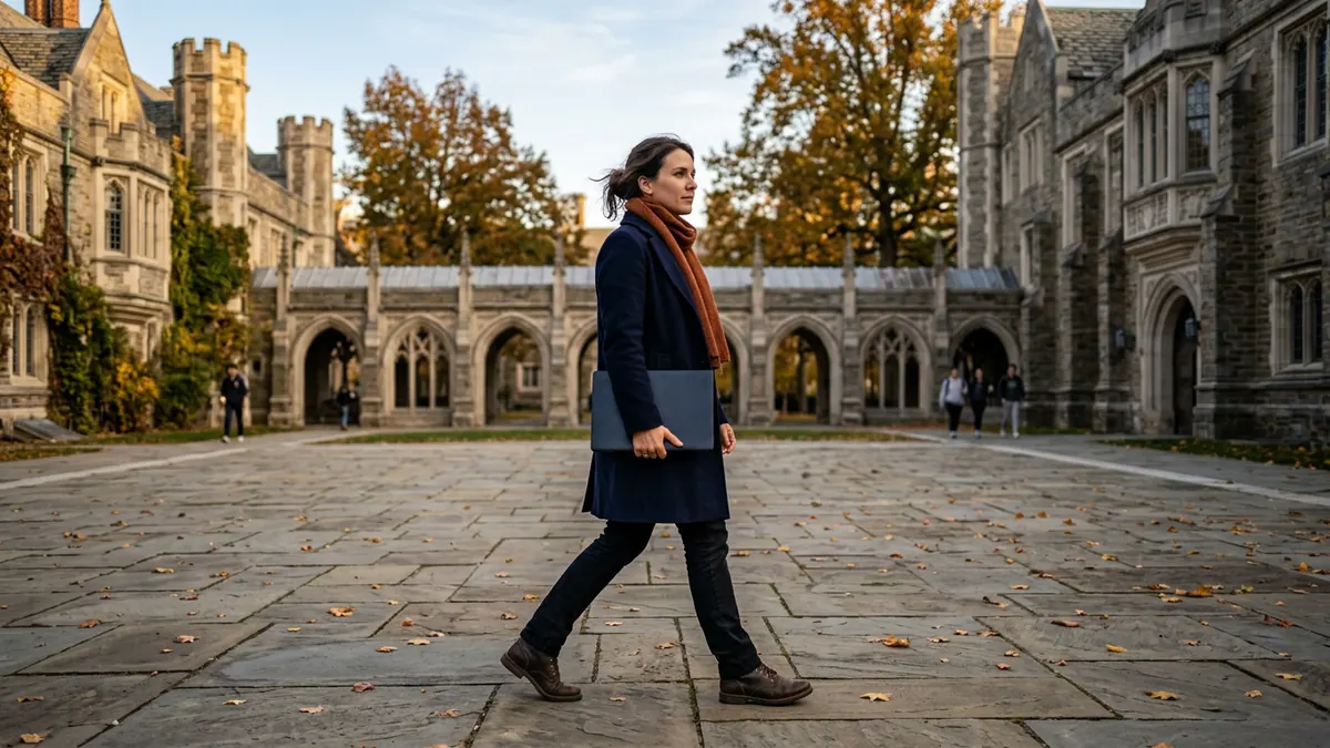 A researcher carrying a closed laptop across a stone university quad with gothic arches in Durham on an autumn morning