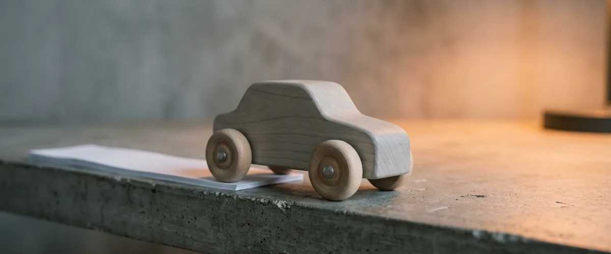 Unpainted wooden toy car on a gray concrete desk just past the end of a short strip of stacked white paper