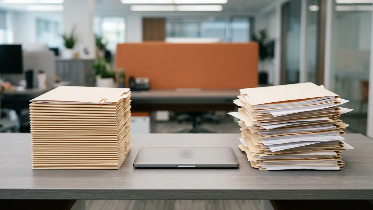 Two stacks of manila folders on a gray desk, one neatly squared with an orange clip and one uneven, with a closed laptop between them