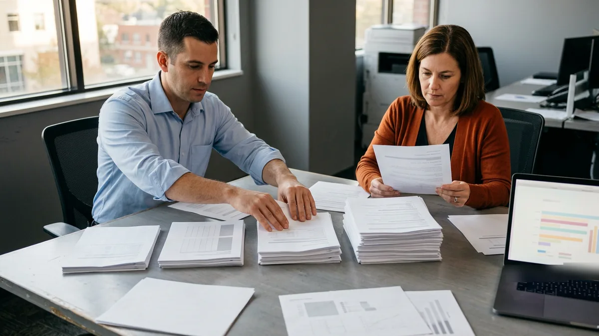 Two finance analysts at a gray table sorting printed pages into five piles of different heights while one reads a single page