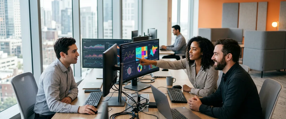 Analytics team reviewing data dashboards on monitors, illustrating the top analytics recruiting firms of 2026