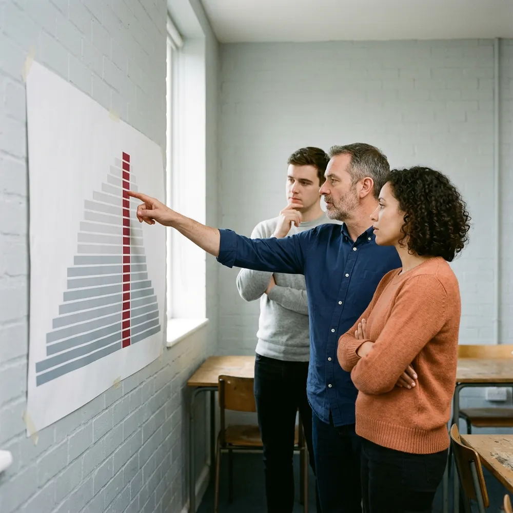 Three contract performance engineers reading a flame graph taped to a wall, one pointing at the crimson hot path