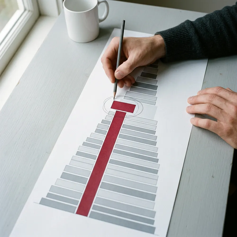 A hand circling the widest crimson bar on a printed flame graph, marking the slow path found during application performance profiling