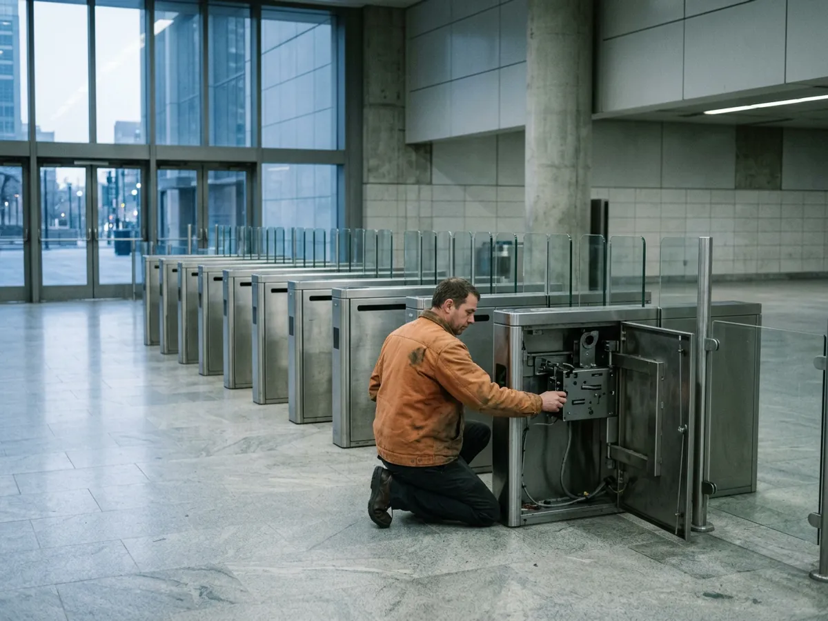A technician servicing a transit turnstile in an empty station before the morning rush, the way performance work belongs before a known spike