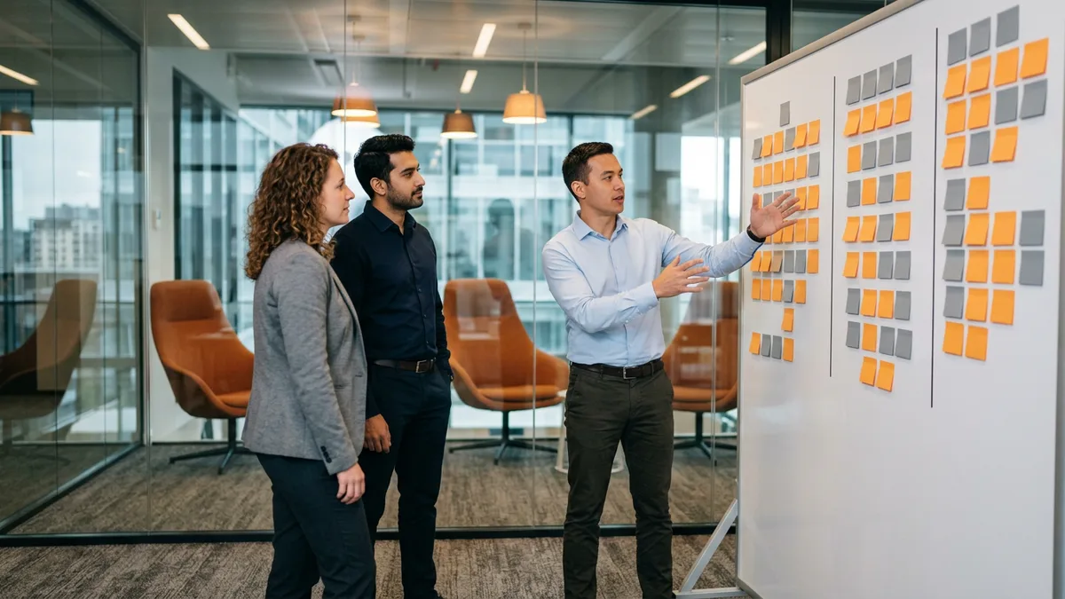 Three colleagues mapping a mid-market application portfolio into four columns of orange and gray sticky notes on a whiteboard