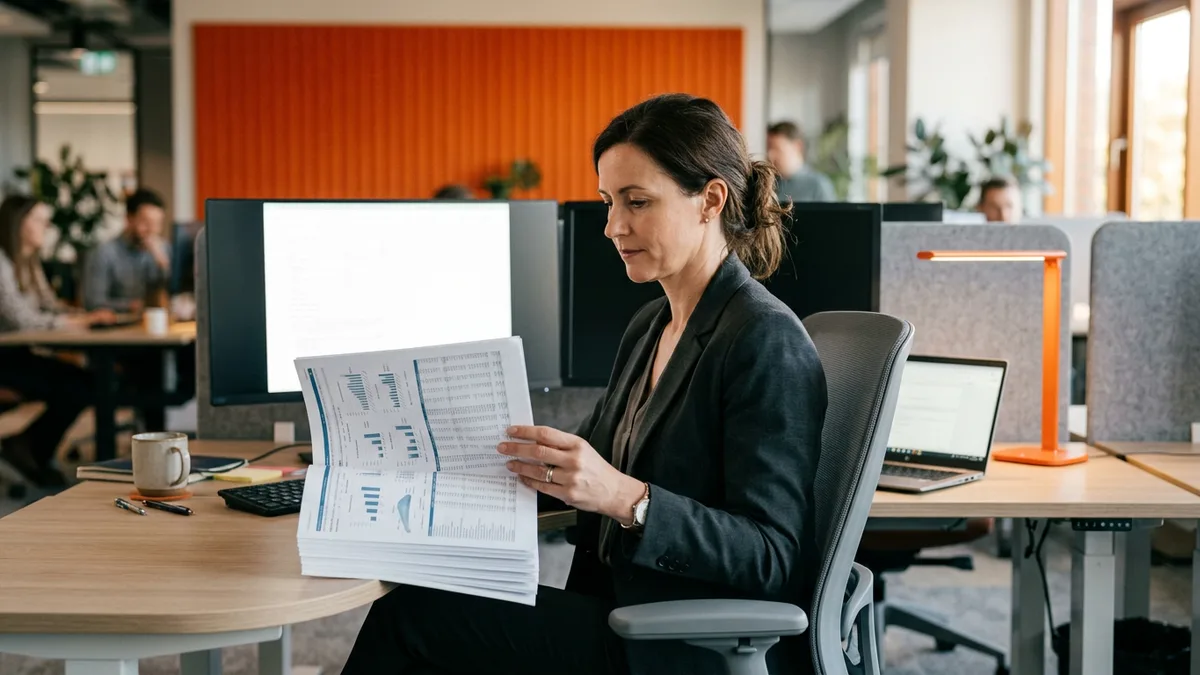 Finance leader in a charcoal blazer reviewing a thick printed export of twelve months of software vendor charges at an office desk