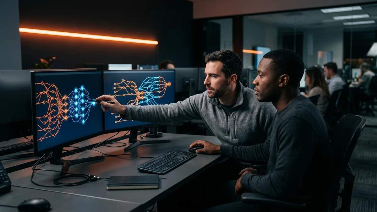 Two integration architects reviewing a node and line map of connections between ERP, WMS, CRM and ecommerce systems on dual monitors