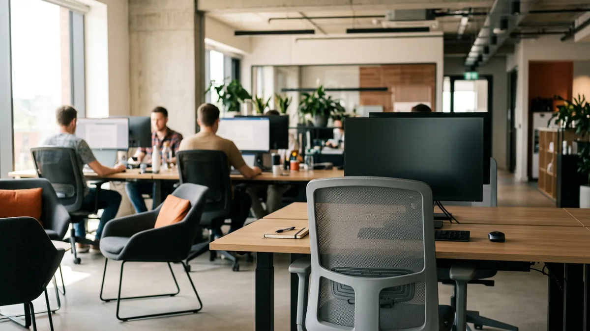 Empty media planner desk and gray mesh chair in a busy agency open-plan office while colleagues work at desks behind it