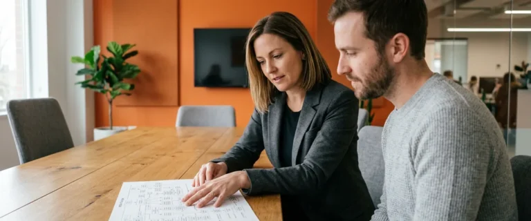 Two media agency professionals reviewing a printed media plan at a conference table in an office with an orange accent wall