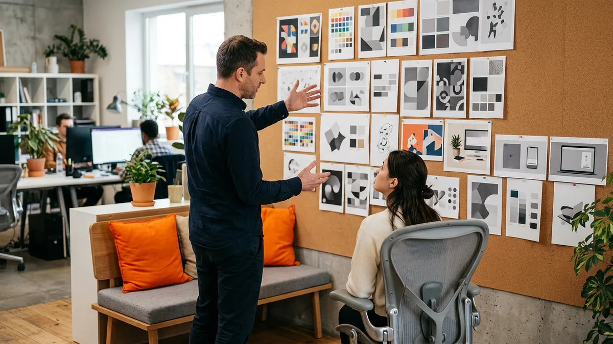 Art director gesturing at a wall of pinned campaign layouts while a seated designer looks on in an advertising agency workspace
