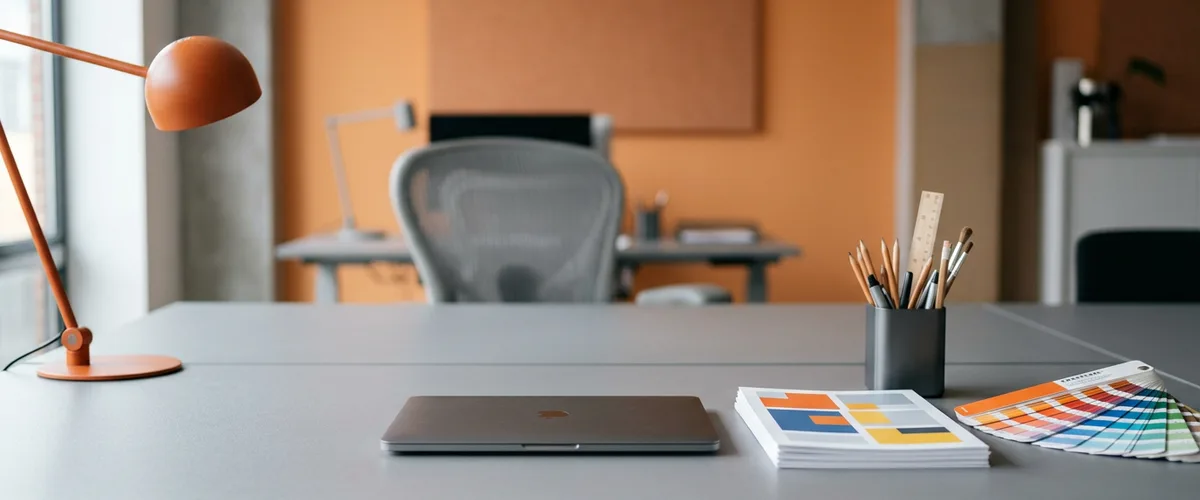 Creative agency desk with a laptop, printed layout boards and a color swatch fan under an orange desk lamp