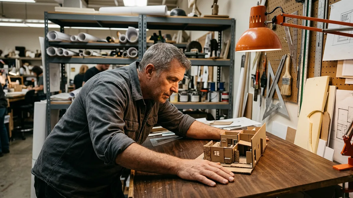 Film and television art director examining a cardboard set model at a drafting table in a studio art department workroom