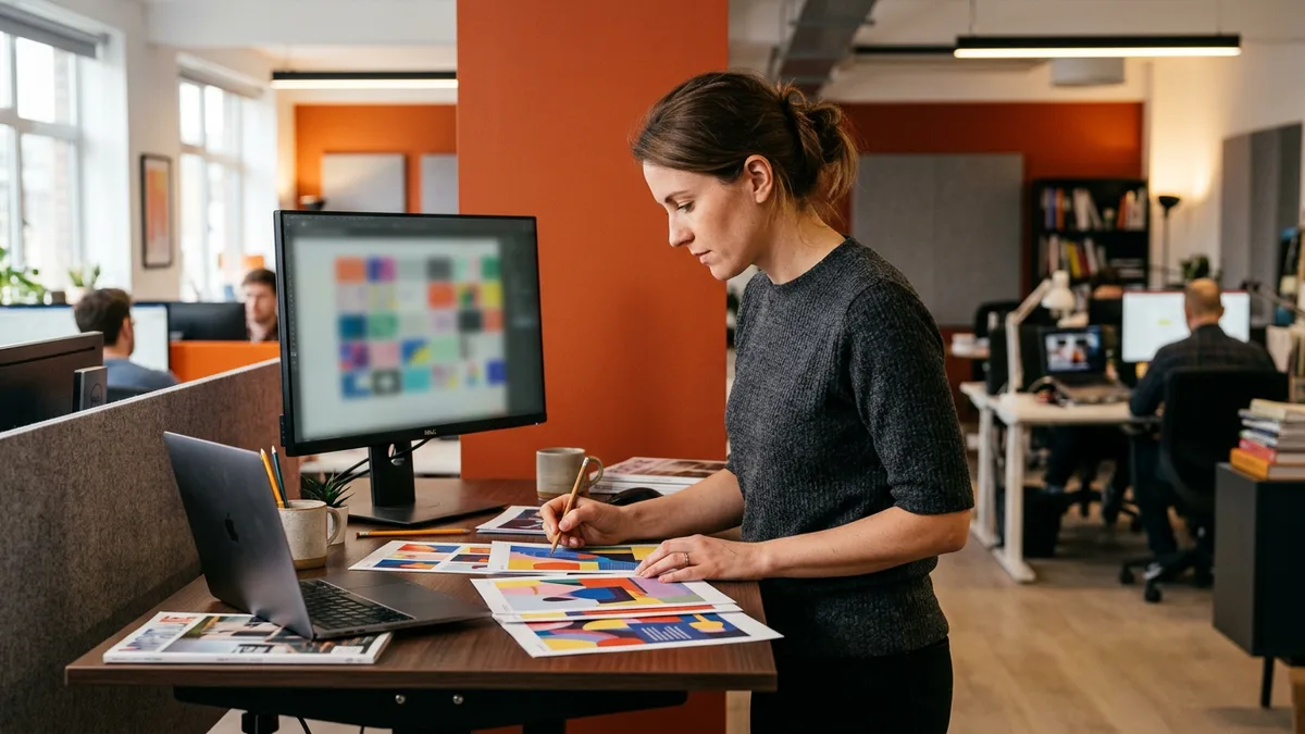 Art director in a gray knit top reviewing printed campaign layout comps at a standing desk in a creative agency studio
