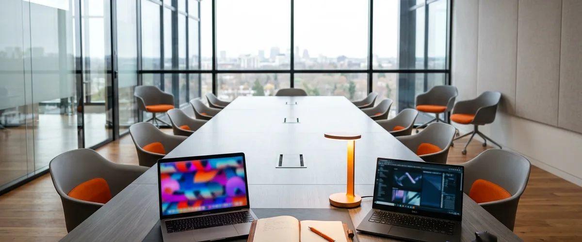Empty conference room table with two open laptops and an orange lamp, where a contract business analyst bill rate budget gets approved