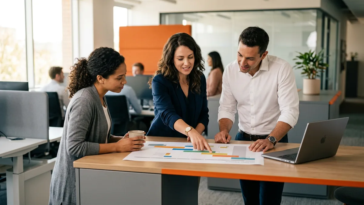 Three colleagues reviewing a printed project timeline at a standing table, the schedule that sets how many months a contract business analyst is needed