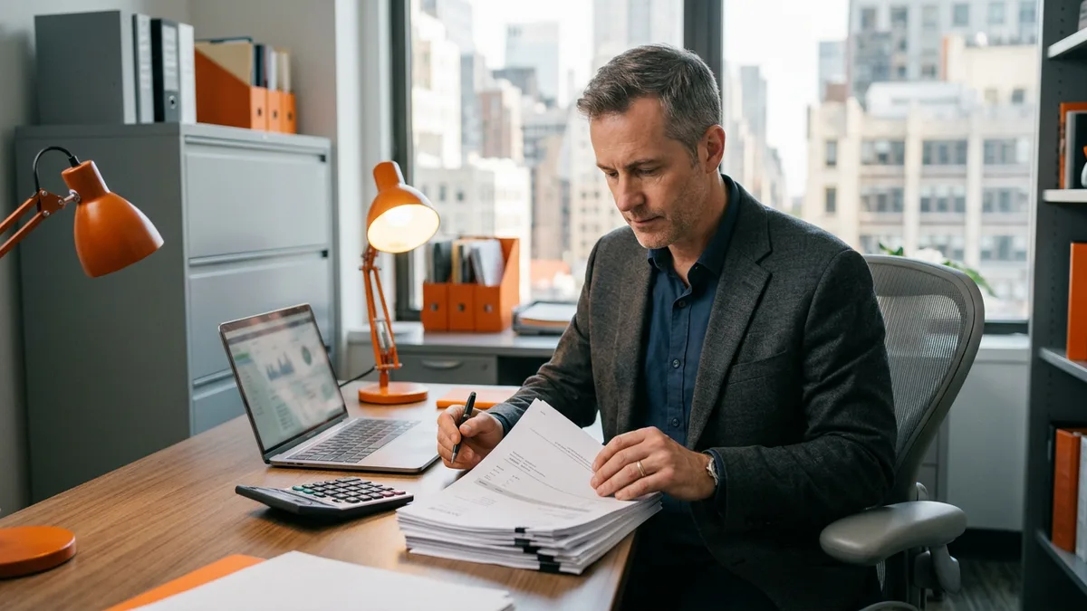 Finance director reviewing a stack of printed invoices beside a calculator and laptop, checking what a contract business analyst bill rate includes