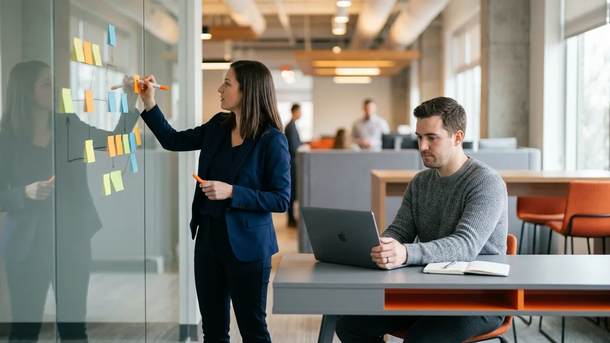 Business analyst in a navy blazer mapping a process flow with sticky notes on a glass wall while a business systems analyst works at a laptop, the two roles behind contract BA and BSA bill rates