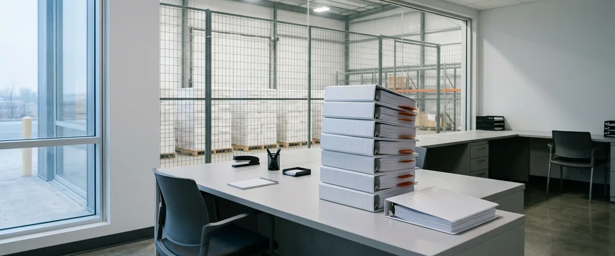 Stack of batch record binders on an empty QA desk overlooking pallets in a warehouse quarantine cage