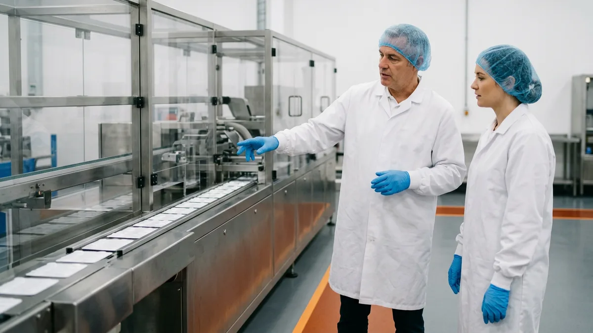 Supervisor in a lab coat and hairnet pointing at a blister packaging machine while a colleague listens