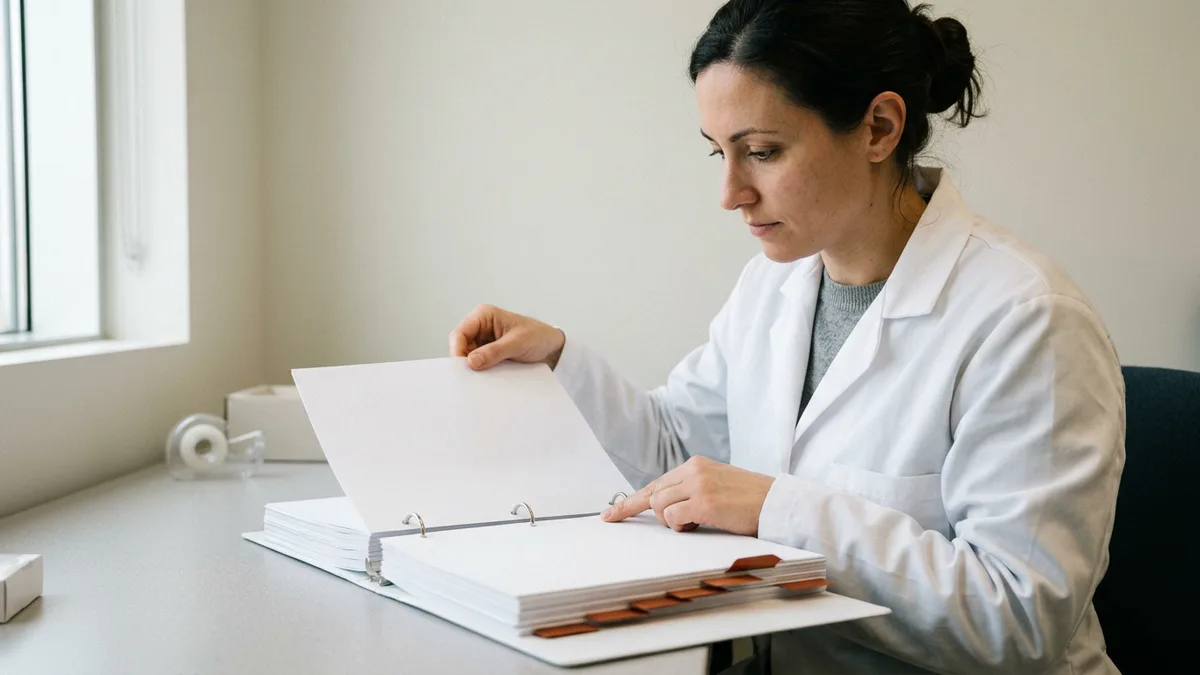 Pharma QA reviewer in a lab coat following a line on a page of a thick batch record binder