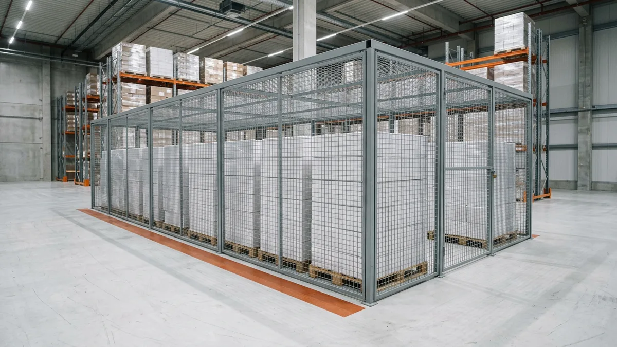 Shrink-wrapped pallets of finished product held inside a wire-mesh quarantine cage in a pharmaceutical warehouse