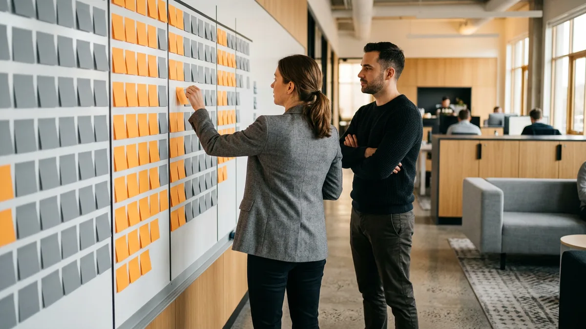 Project lead placing a blank orange sticky note on a timeline wall while a data engineer watches, planning a BI migration contract