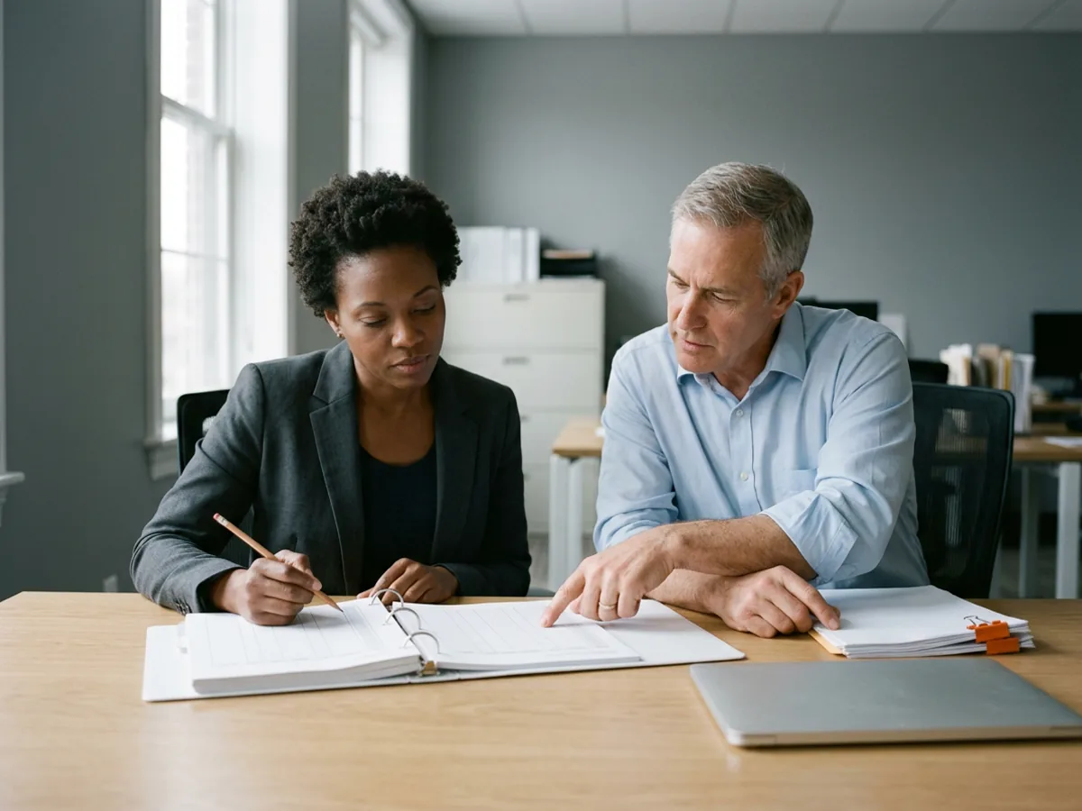Contract accountant in a charcoal blazer runs a pencil down a schedule in an open binder while a controller in rolled shirt sleeves leans in and points at the same page