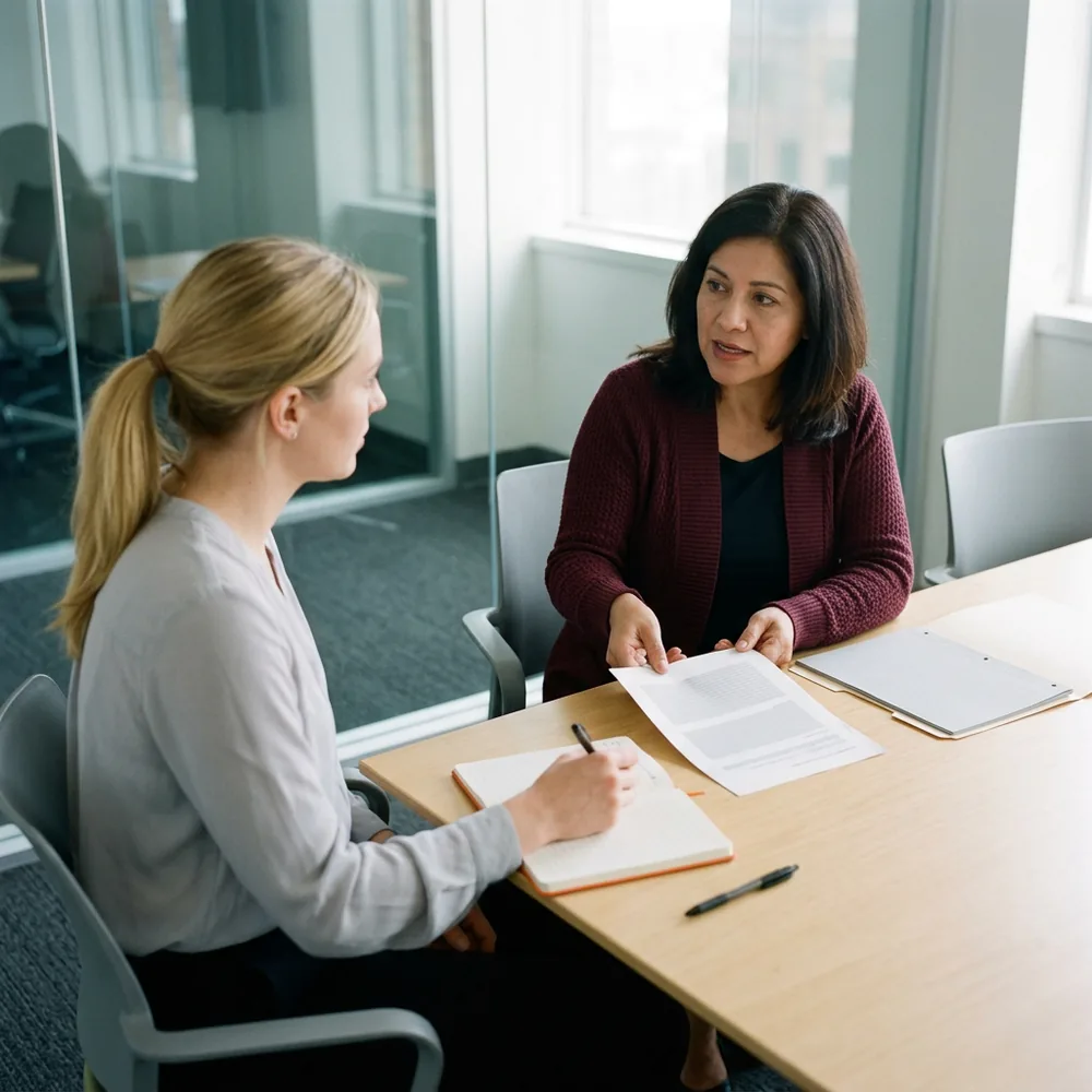 Controller in a burgundy cardigan slides a printed page across a meeting room table to a contract accountant in a grey blouse, who listens with a pen in hand