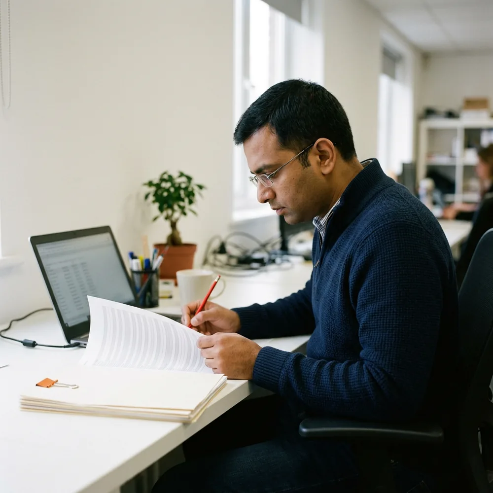 Accountant in glasses and a navy sweater compares a printed reconciliation against a laptop, a red pencil in his hand and a clipped stack of support documents at his elbow