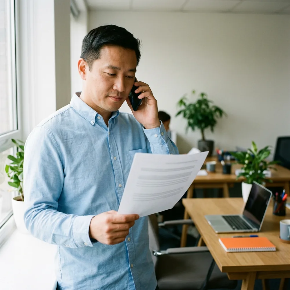 Staffing recruiter in a light blue shirt stands by an office window with a phone to his ear, reading a printed page in his other hand