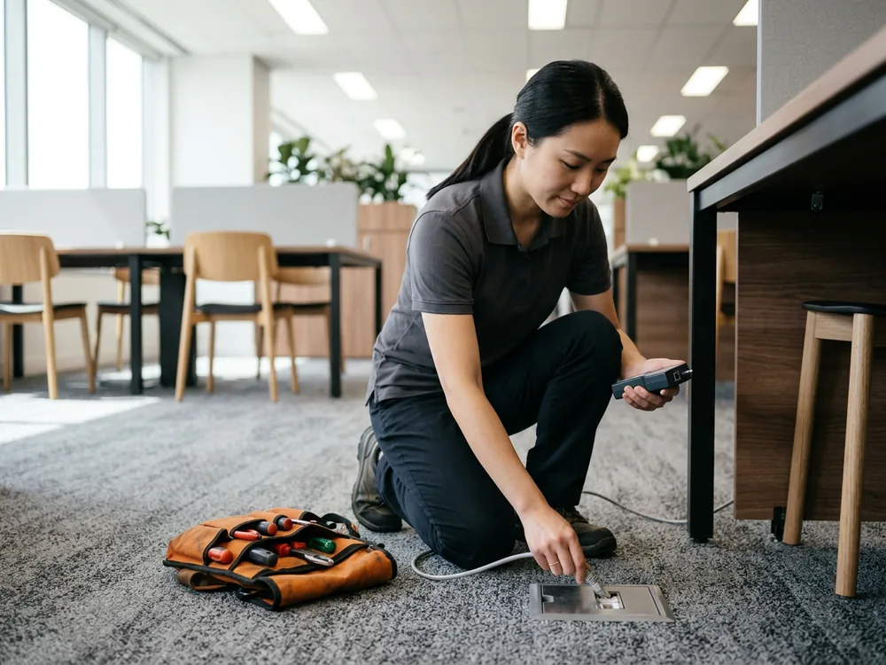 Contract IT support technician kneeling to plug a network cable into a floor port beside an office desk, cable tester in hand