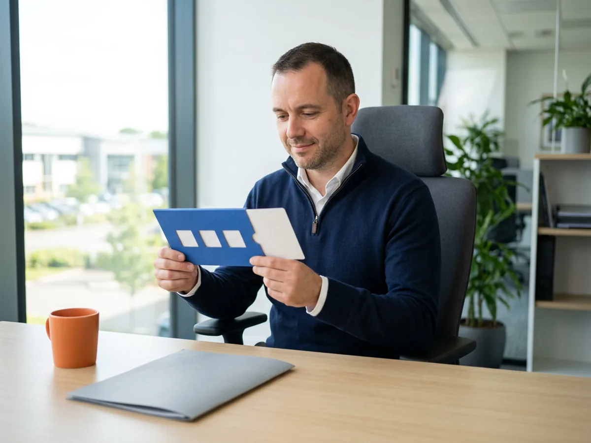 IT operations manager at his office desk reading a cobalt blue cardboard slide chart with its white insert pulled halfway out