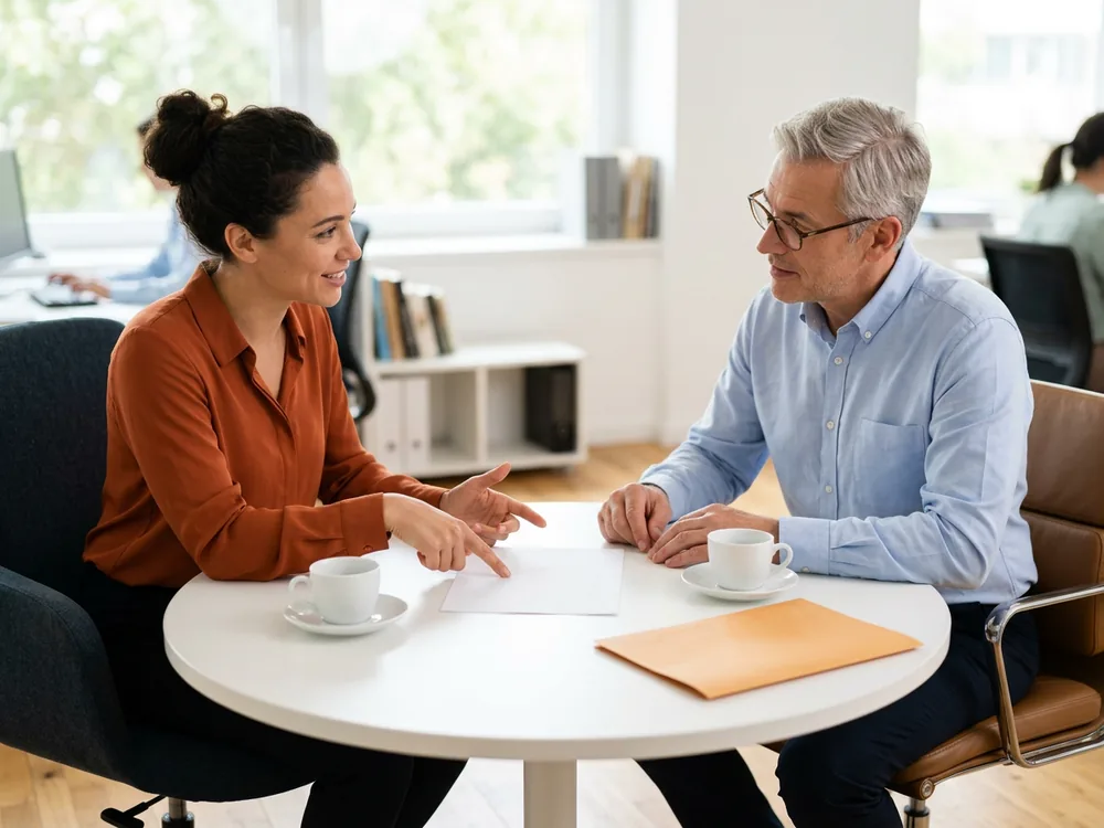 Staffing account manager in a rust orange blouse pointing at a sheet on a round meeting table while a hiring manager in a light blue shirt listens