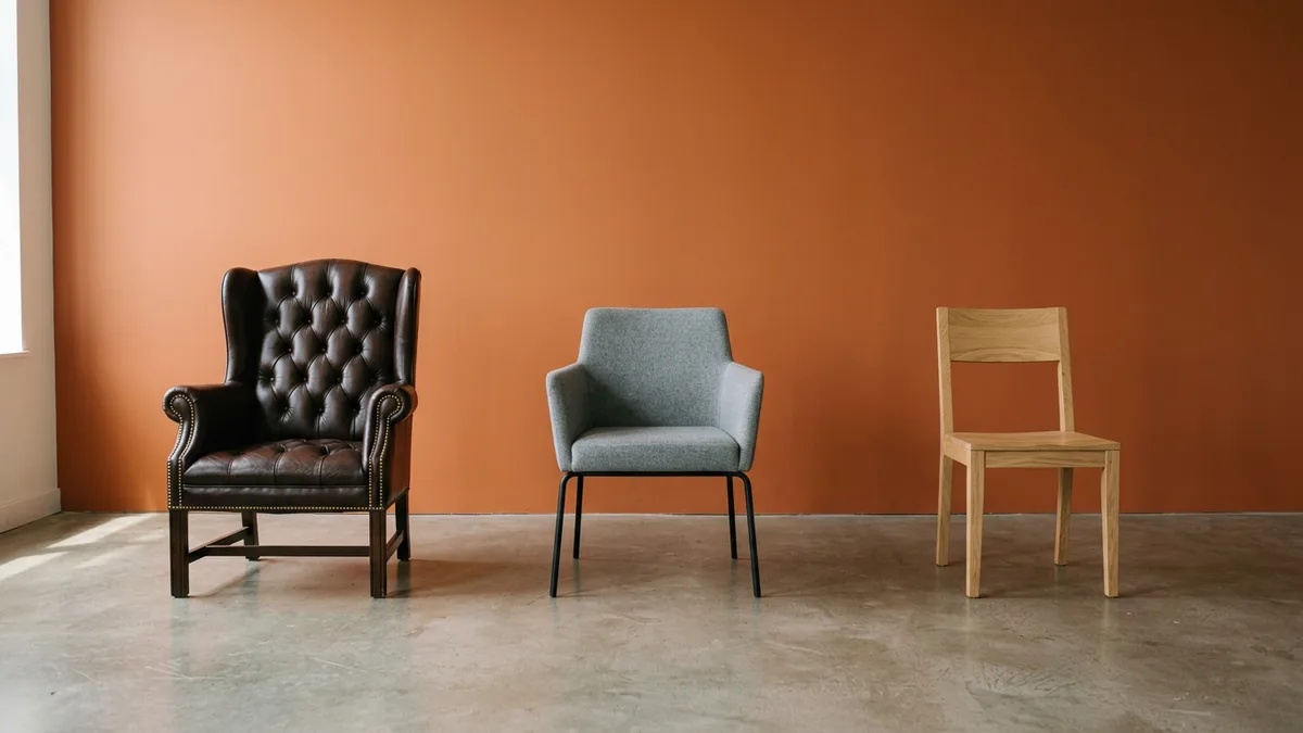 Leather wingback armchair, grey modern armchair, and plain oak chair in a row against an orange wall, standing for venture-backed, private equity, and public company boards