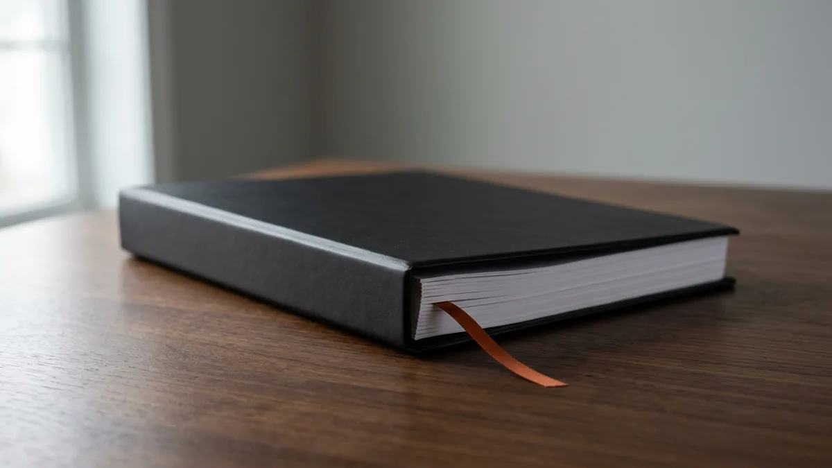A thick black bound volume with an orange ribbon marker lying closed on a walnut conference table